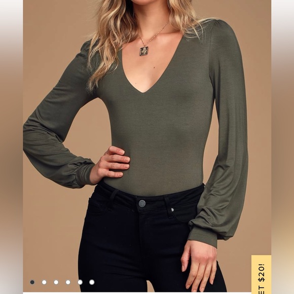 Lulus Tops - Lulus Kaylene Olive Gr Balloon Sleeve Bodysuit Sz S